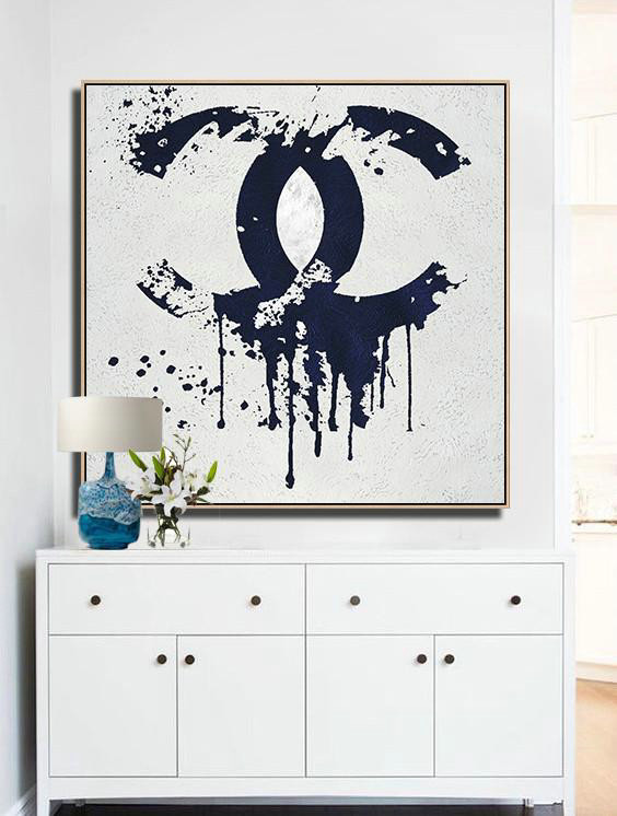 Large Abstract Painting On Canvas,Minimalist Navy Blue And White Painting,Large Abstract Wall Art